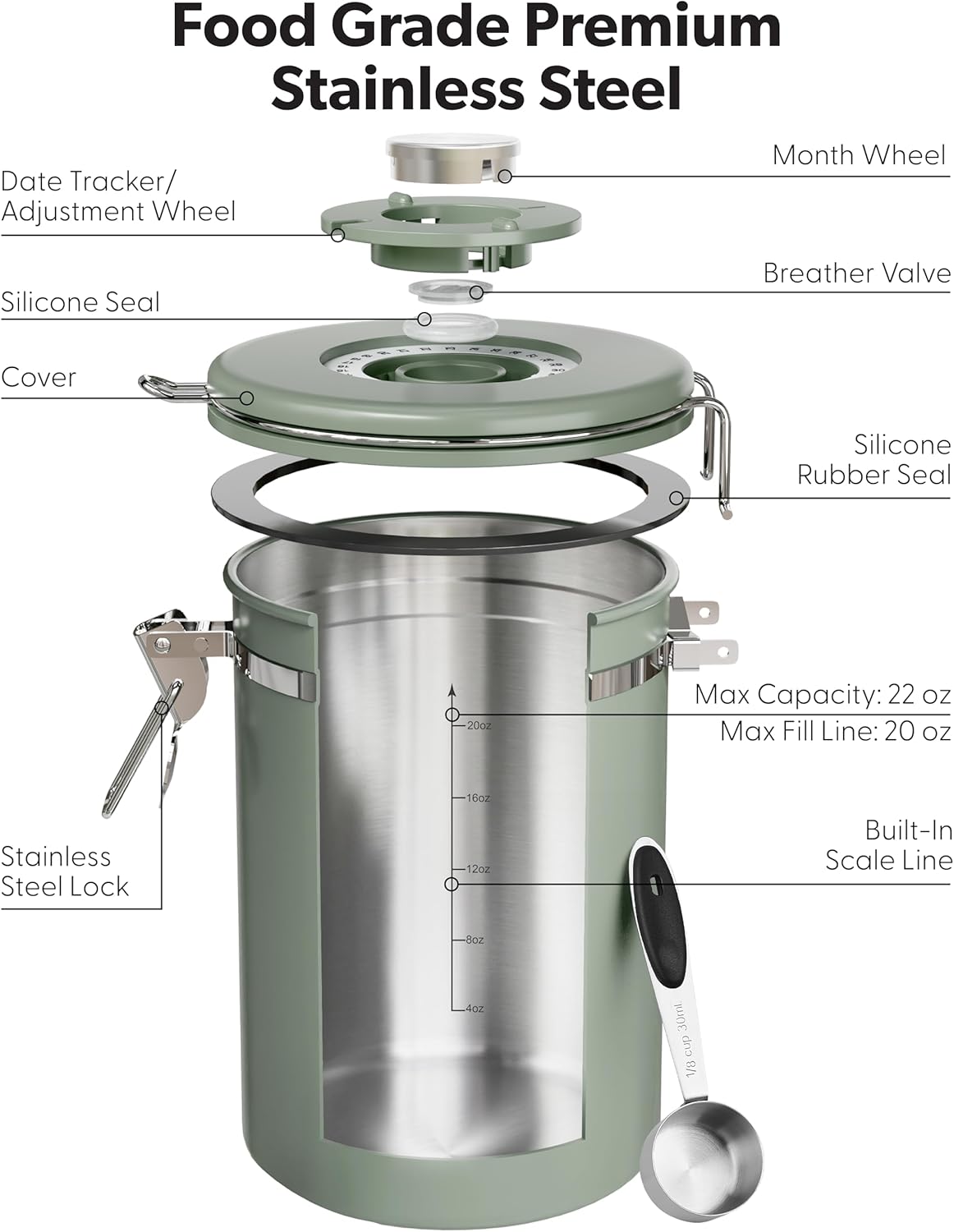 Veken Coffee Canister with Window, Airtight Stainless Steel Kitchen Food Storage Container with Lids, Date Tracker and Scoop for Ground, Beans, Tea, Flour, Cereal, Sugar Jars, 22OZ, Green