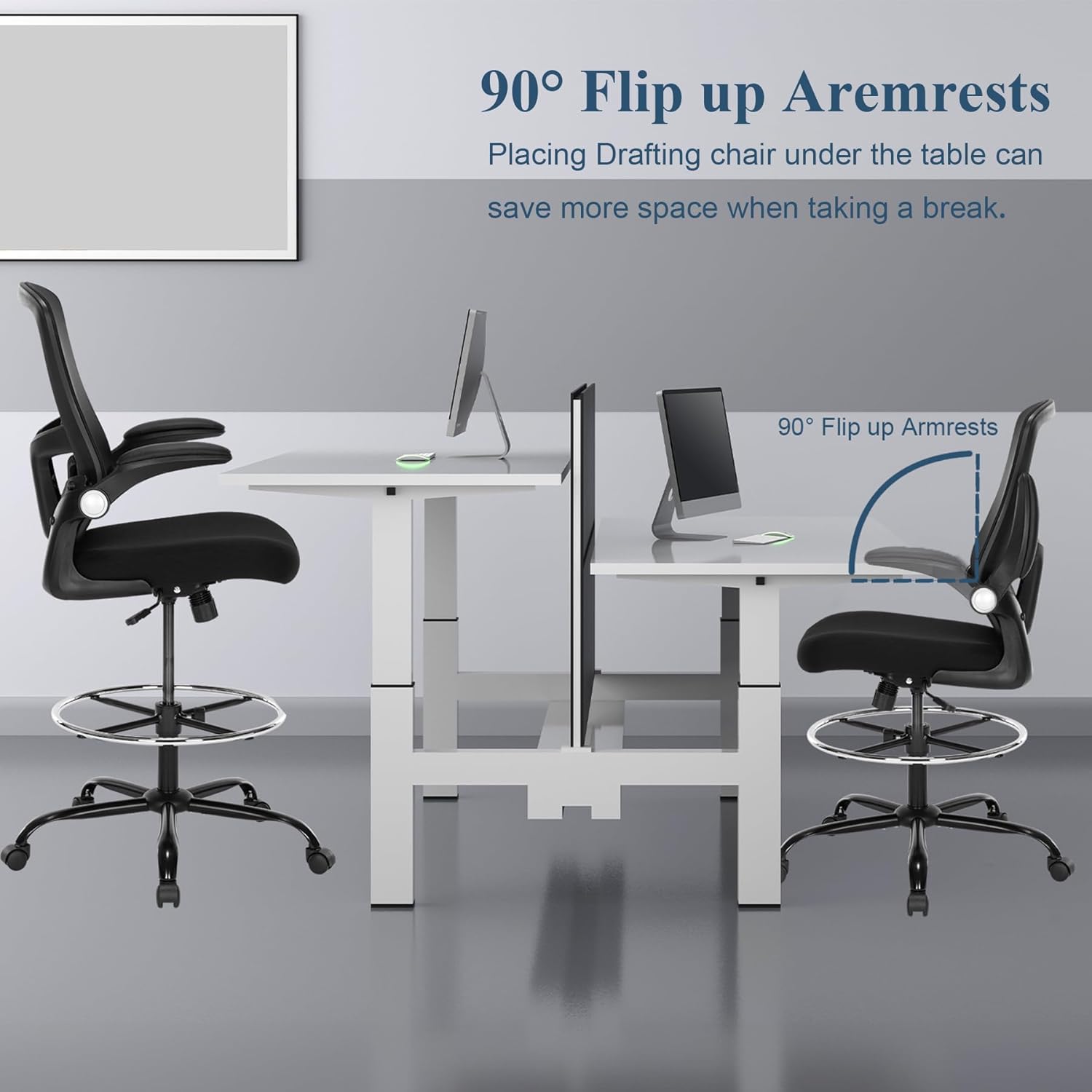 Ergonomic Drafting Chair – Tall Office Chair for Standing Desk, Adjustable Height Mesh Chair with Footrest and Flip-Up Arms, Counter Height, Black
