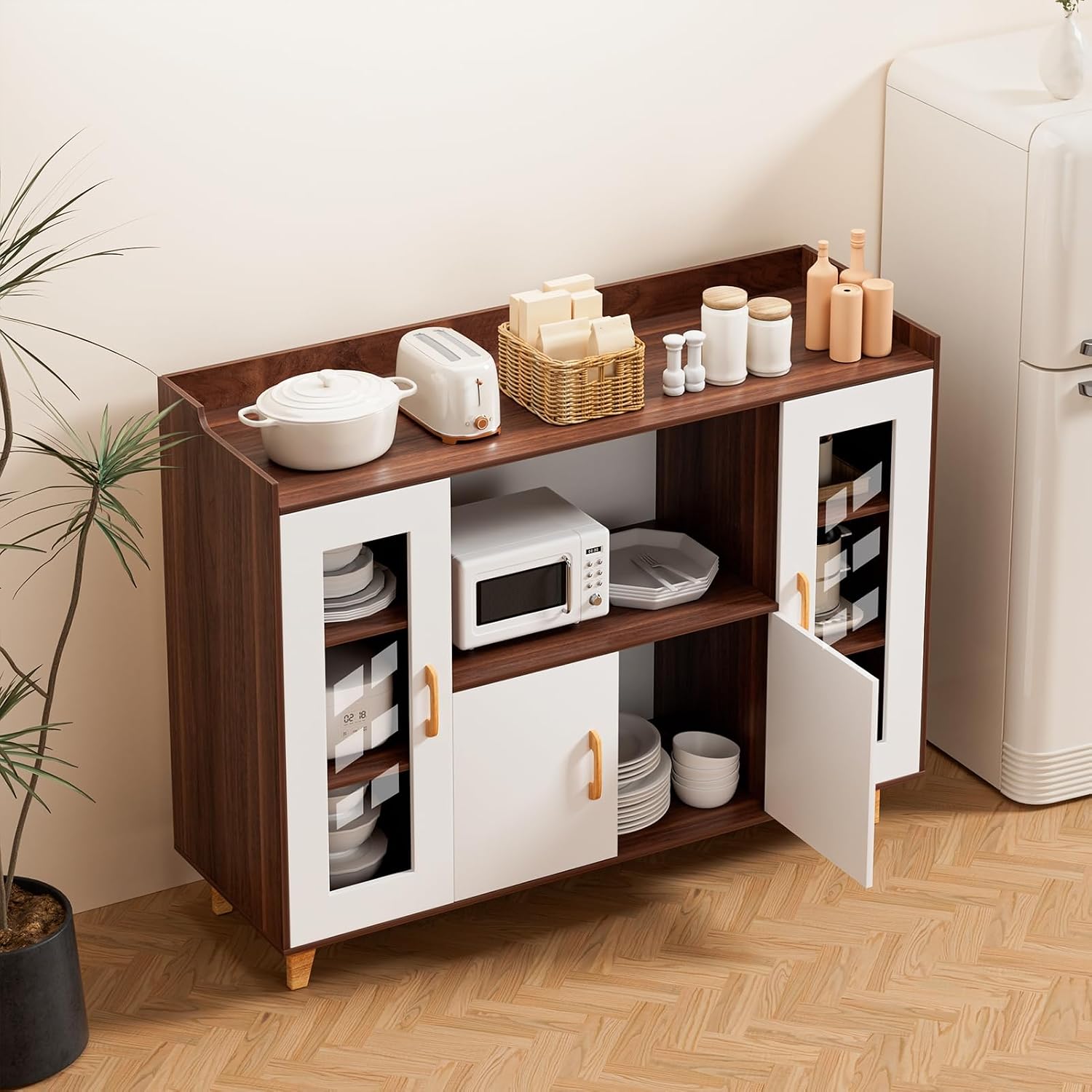 120cm Kitchen Storage Cabinet with 4 Doors & Open Shelf, Wood Grain Buffet Sideboard for Dining Room, Multi-Purpose TV Stand & Coffee Bar Cabinet Brown