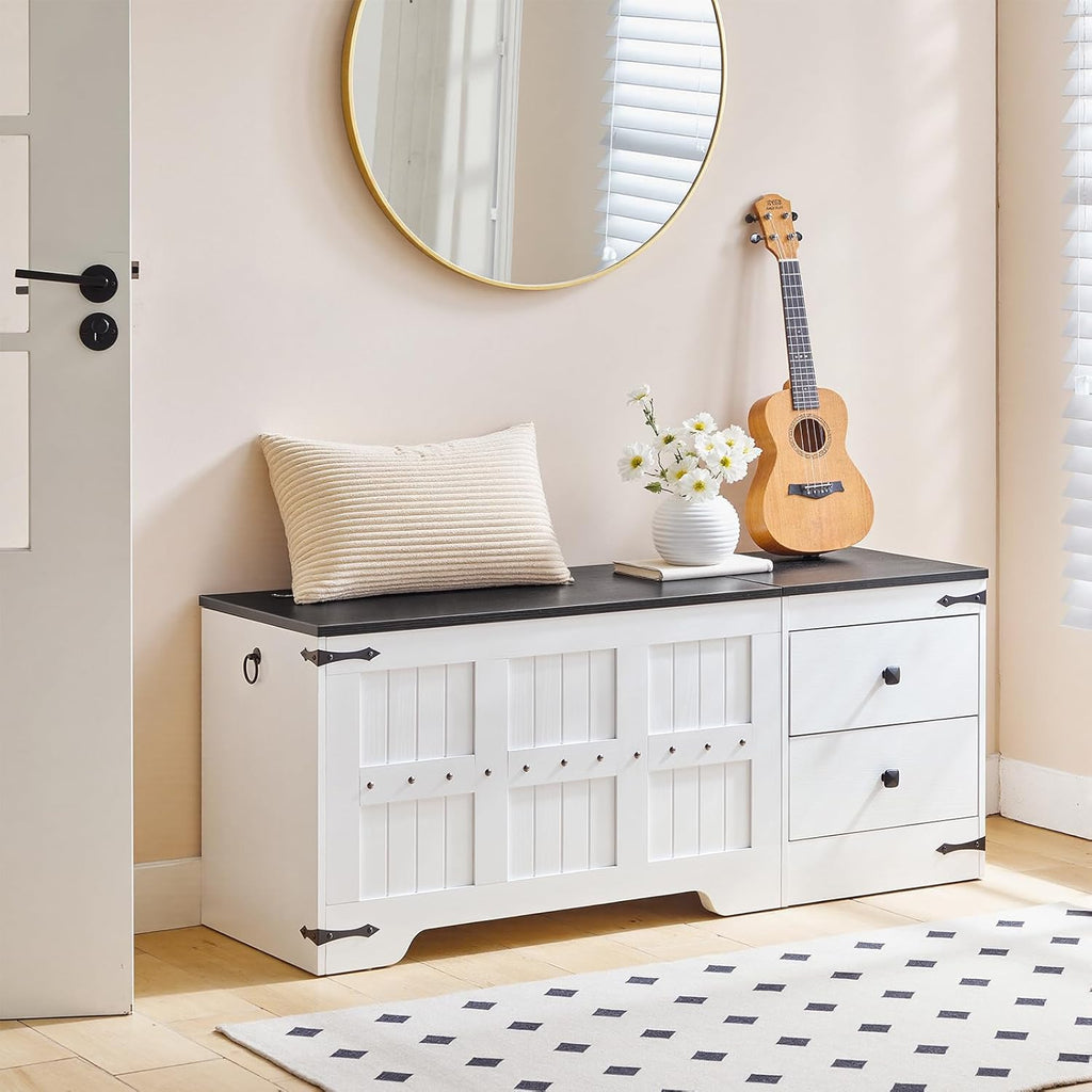 HOOBRO Storage Bench, Toy Box with Dual Drawers and Safe Hinge, Storage Chest with Extra-Long Thick Top, Easy Assembly, for Living Room, Bedroom, White and Black WB212CW01