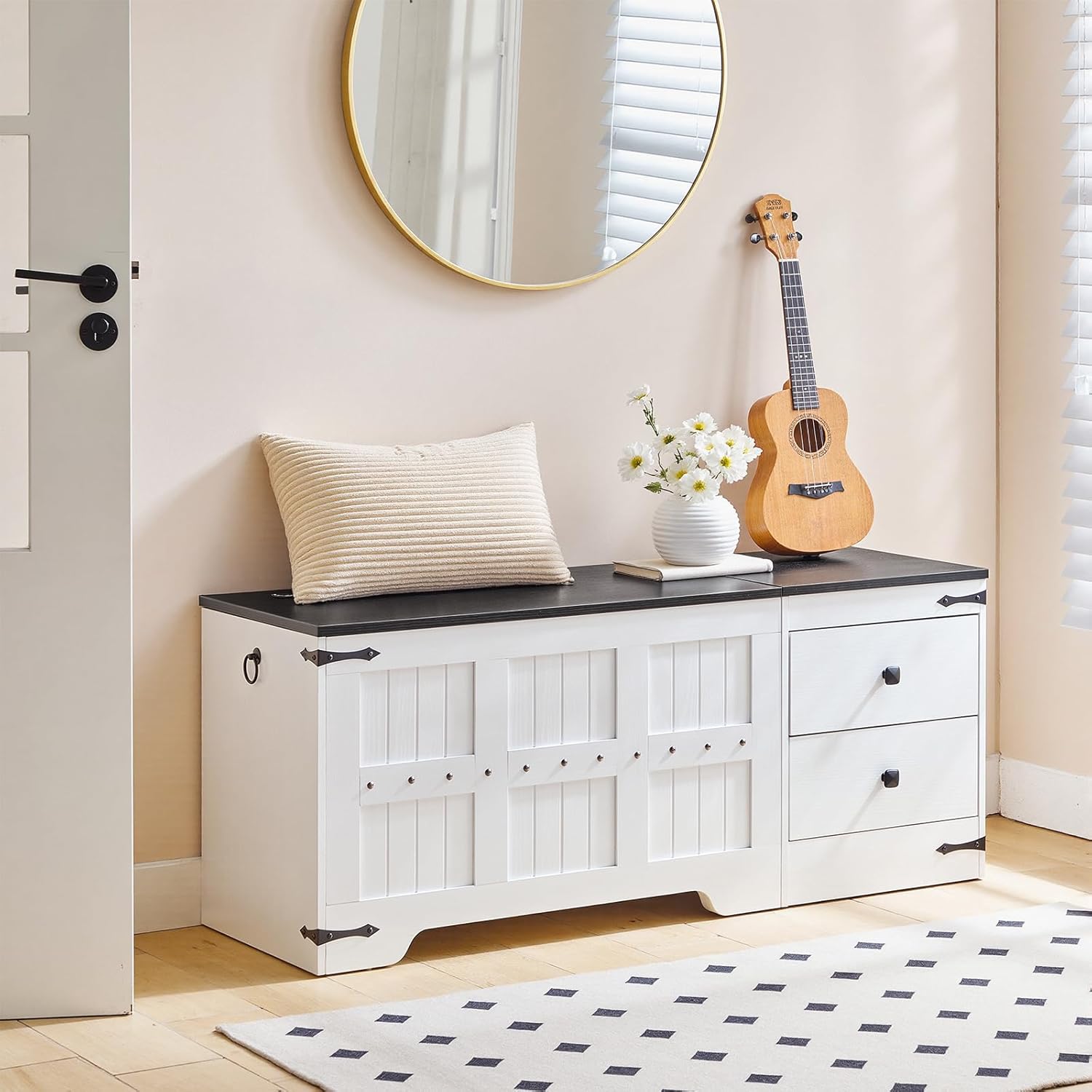 HOOBRO Storage Bench, Toy Box with Dual Drawers and Safe Hinge, Storage Chest with Extra-Long Thick Top, Easy Assembly, for Living Room, Bedroom, White and Black WB212CW01