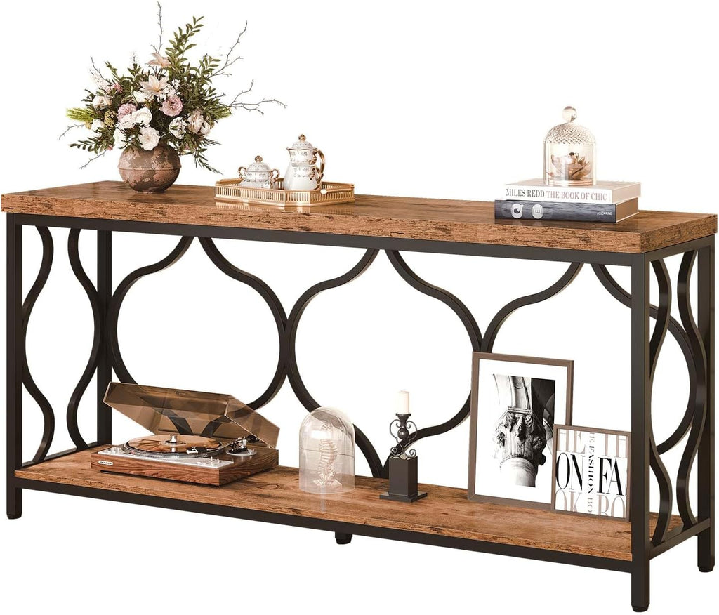 IBF 63 Inches Long Farmhouse Entryway Table, Rustic Wood Metal Sofa Console Table with Storage Shelves, Narrow Industrial Behind Couch Entry Hallway Table for Home Living Room, Rustic Brown Oak