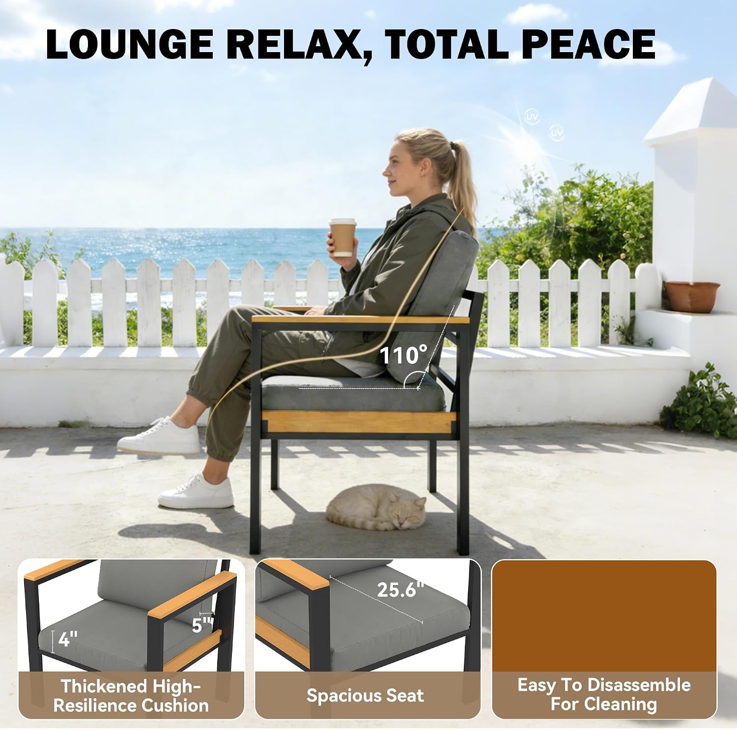 HOMREST Aluminum Patio Furniture Set, Heavy Duty Metal Outdoor Bench for 3 Person, 3-Seat All-Weather Metal Outdoor Patio Furniture with Cushions, (Dark Grey)
