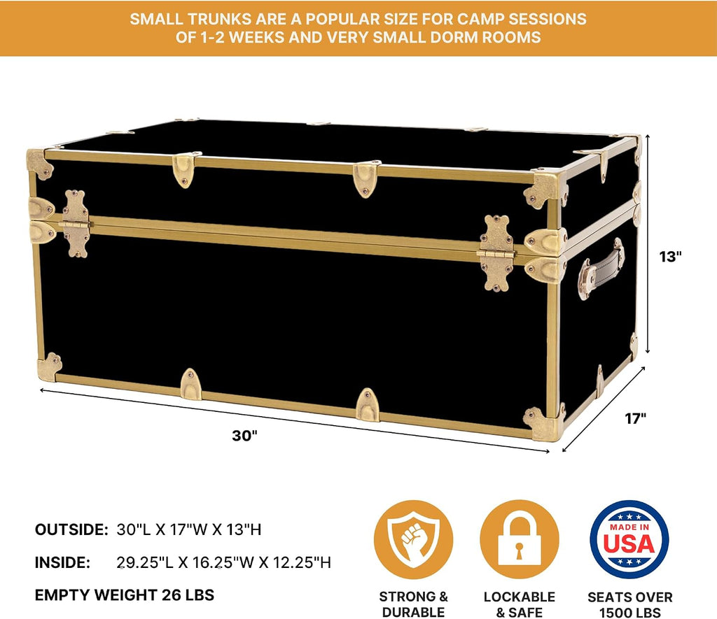 Rhino Trunk & Case Classic Camp & College Trunk with Antique Brass Hardware - 30"x17"x13", 1500+ lbs Capacity - Soft-Close Lid. Strong, USA Made Summer Camp Footlocker and Secure Dorm Storage Chest