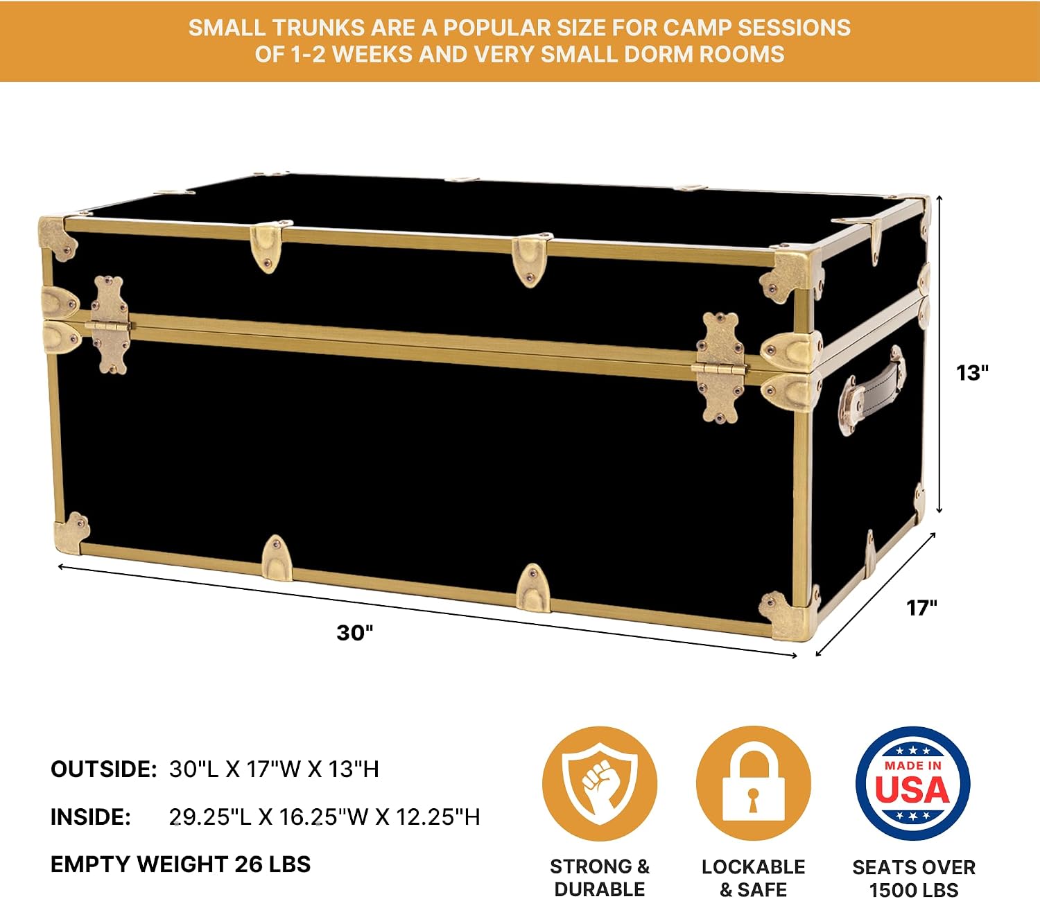Rhino Trunk & Case Classic Camp & College Trunk with Antique Brass Hardware - 30"x17"x13", 1500+ lbs Capacity - Soft-Close Lid. Strong, USA Made Summer Camp Footlocker and Secure Dorm Storage Chest