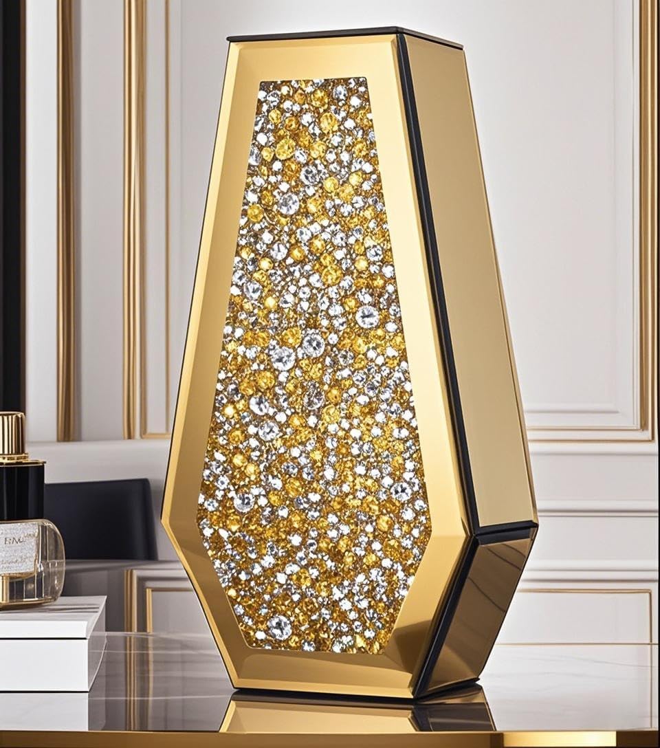 SHYFOY Gold Flower Vase Crushed Diamond Glass Vase Large Crystal Tall Vases for Centerpieces Luxurious Rhinestone Floor Vases Home Decor for Living Room Dining Room Coffee Table, Can’t Hold Water