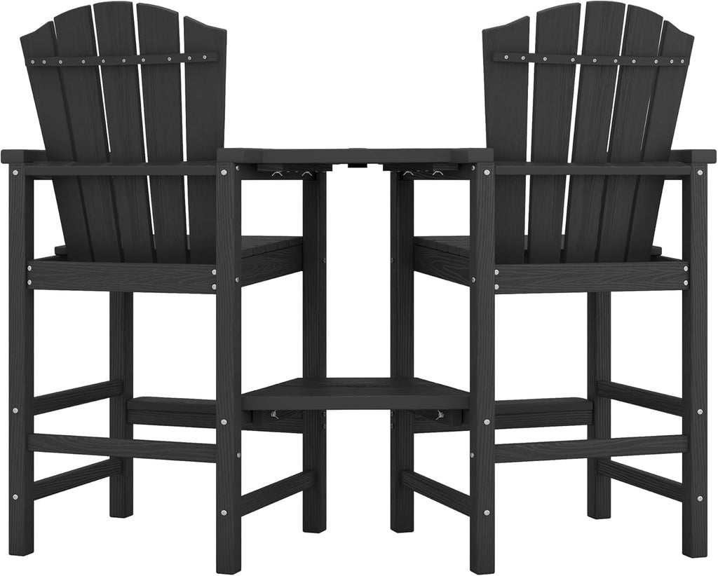 KINGYES Tall Adirondack Chair Set of 2 with Double Connecting Trays, Outdoor HDPE Adirondack Barstools, High Airondack Chair with Wood Grain, Embossed Balcony Chair for Backyard, Black