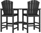 KINGYES Tall Adirondack Chair Set of 2 with Double Connecting Trays, Outdoor HDPE Adirondack Barstools, High Airondack Chair with Wood Grain, Embossed Balcony Chair for Backyard, Black