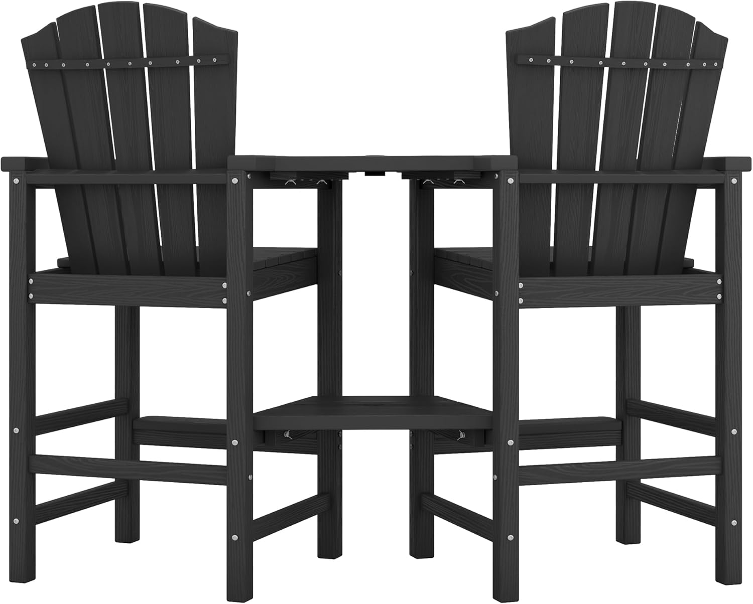 KINGYES Tall Adirondack Chair Set of 2 with Double Connecting Trays, Outdoor HDPE Adirondack Barstools, High Airondack Chair with Wood Grain, Embossed Balcony Chair for Backyard, Black