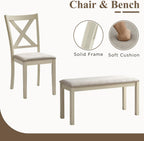LUXOAK 60" Solid Wood Dining Table Set for 6, Farmhouse Kitchen Table with 4 Upholstered Chairs & Bench, 6-Piece Dining Room & Living Room Furniture, Cream White