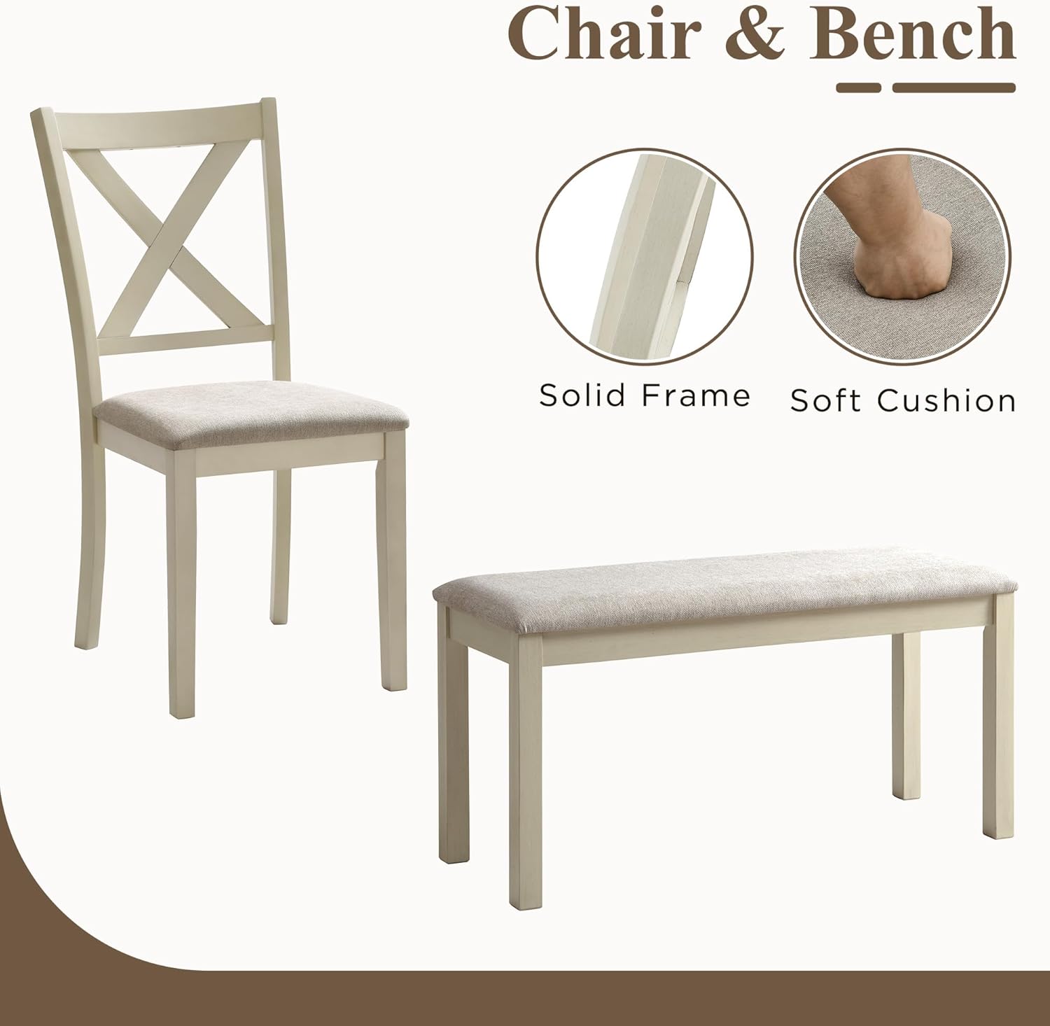 LUXOAK 60" Solid Wood Dining Table Set for 6, Farmhouse Kitchen Table with 4 Upholstered Chairs & Bench, 6-Piece Dining Room & Living Room Furniture, Cream White