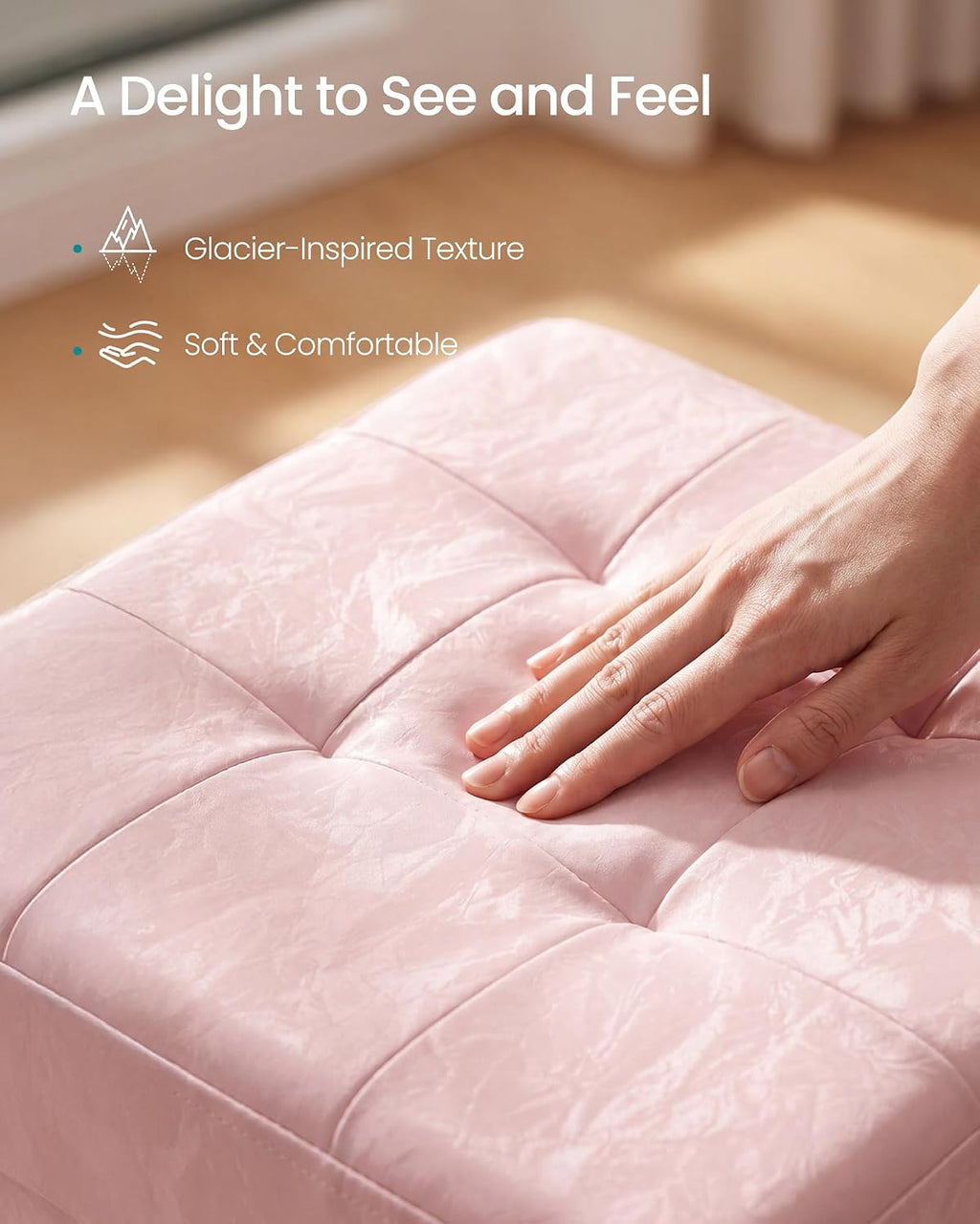 SONGMICS Storage Ottoman, Textured PU Leather Footstool with Legs, Footrest with Cushion, for Living Room and Bedroom, 15 x 15 x 15.7 Inches, Pink, Minota Collection ULSF523WD01