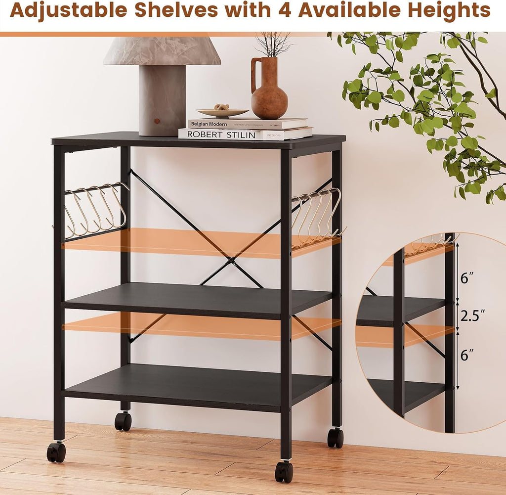 Giantex Kitchen Bakers Rack 3-Tier Microwave Cart on Wheels, Industrial Utility Bar Cart with 10 Hooks Metal Frame Wood Storage Shelves, Rolling Microwave Stand