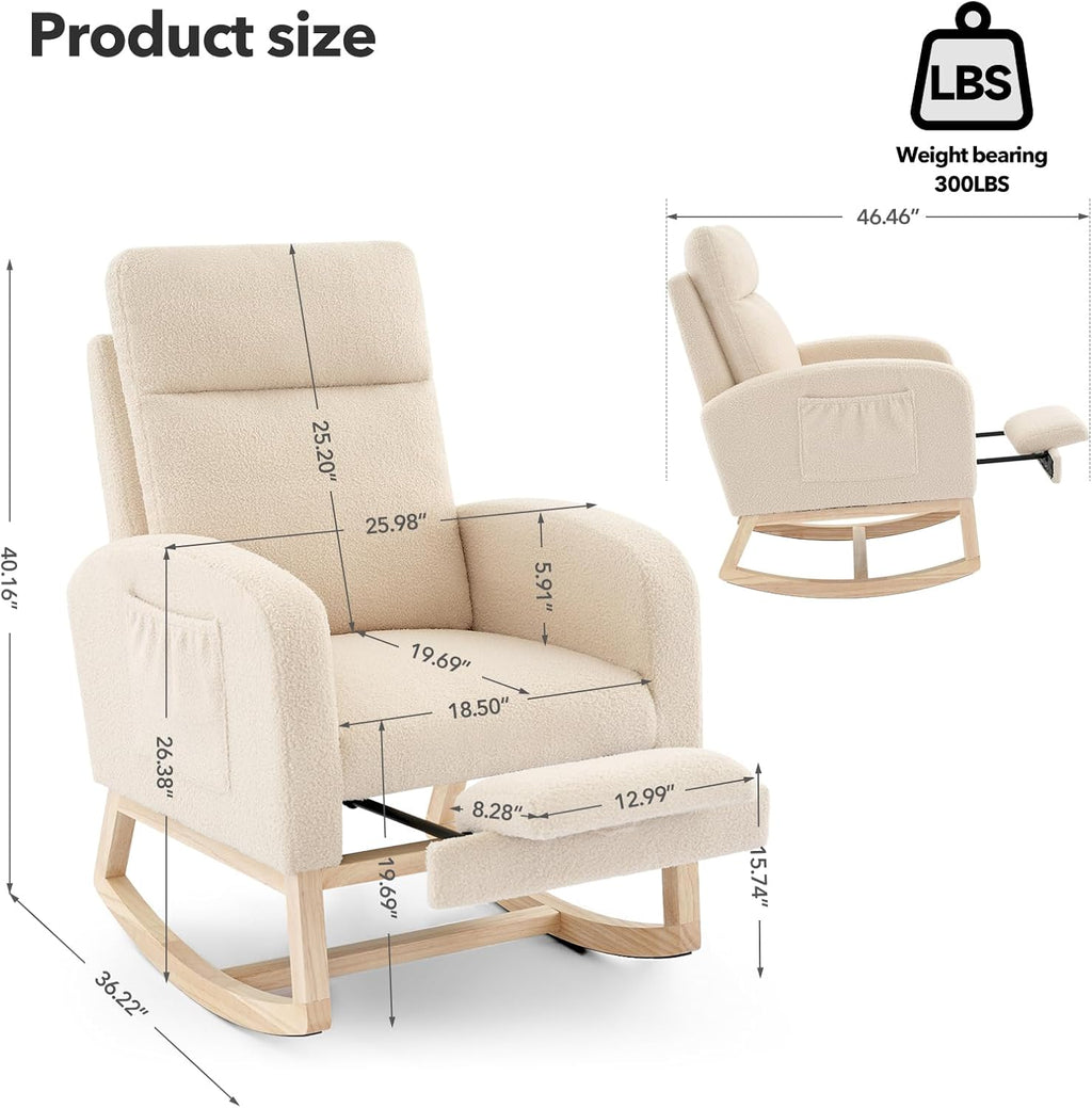 Rocking Chair Nursery, Nursing Rocking Chairs with Foot Rest for Mom Nursery,Rocker Glider Chair with High Backrest for Living Room, Bedroom, Upholstered Lounge Chair with Solid Wood Base for Relaxin