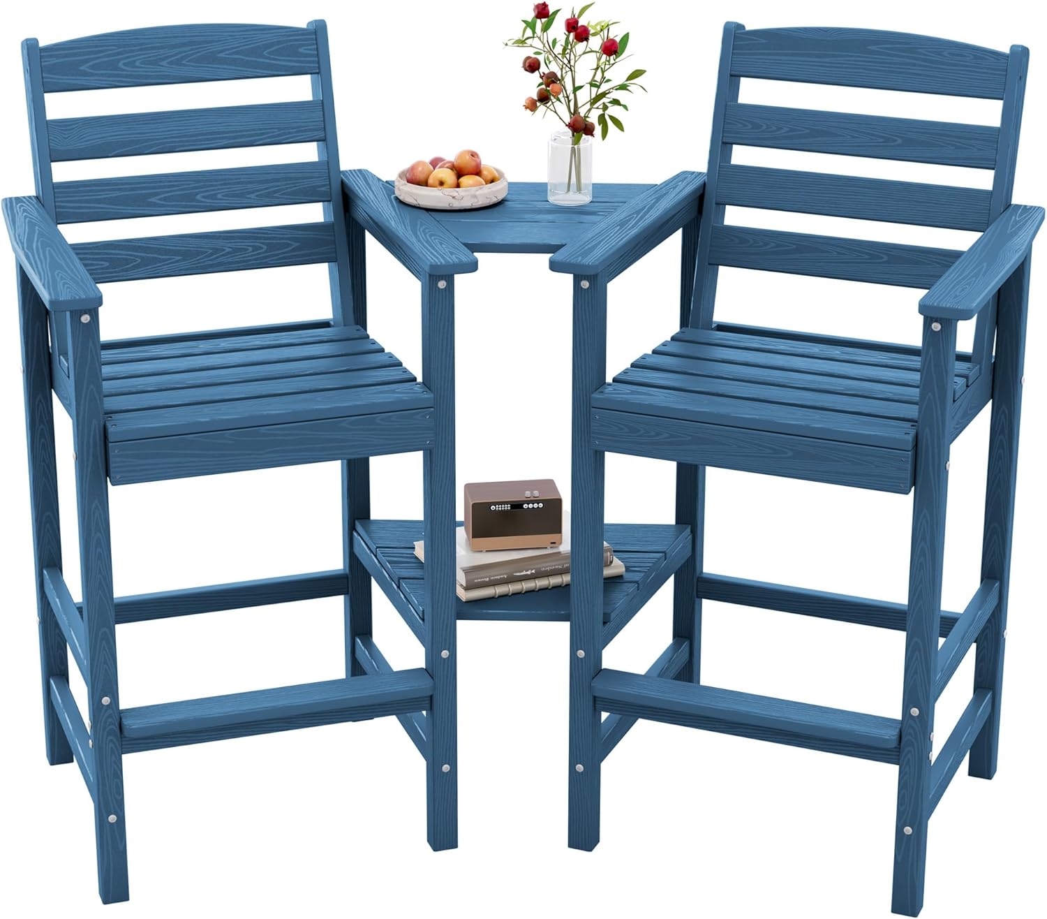 SERWALL Tall Adirondack Chairs Set of 2 with Connecting Table, Blue