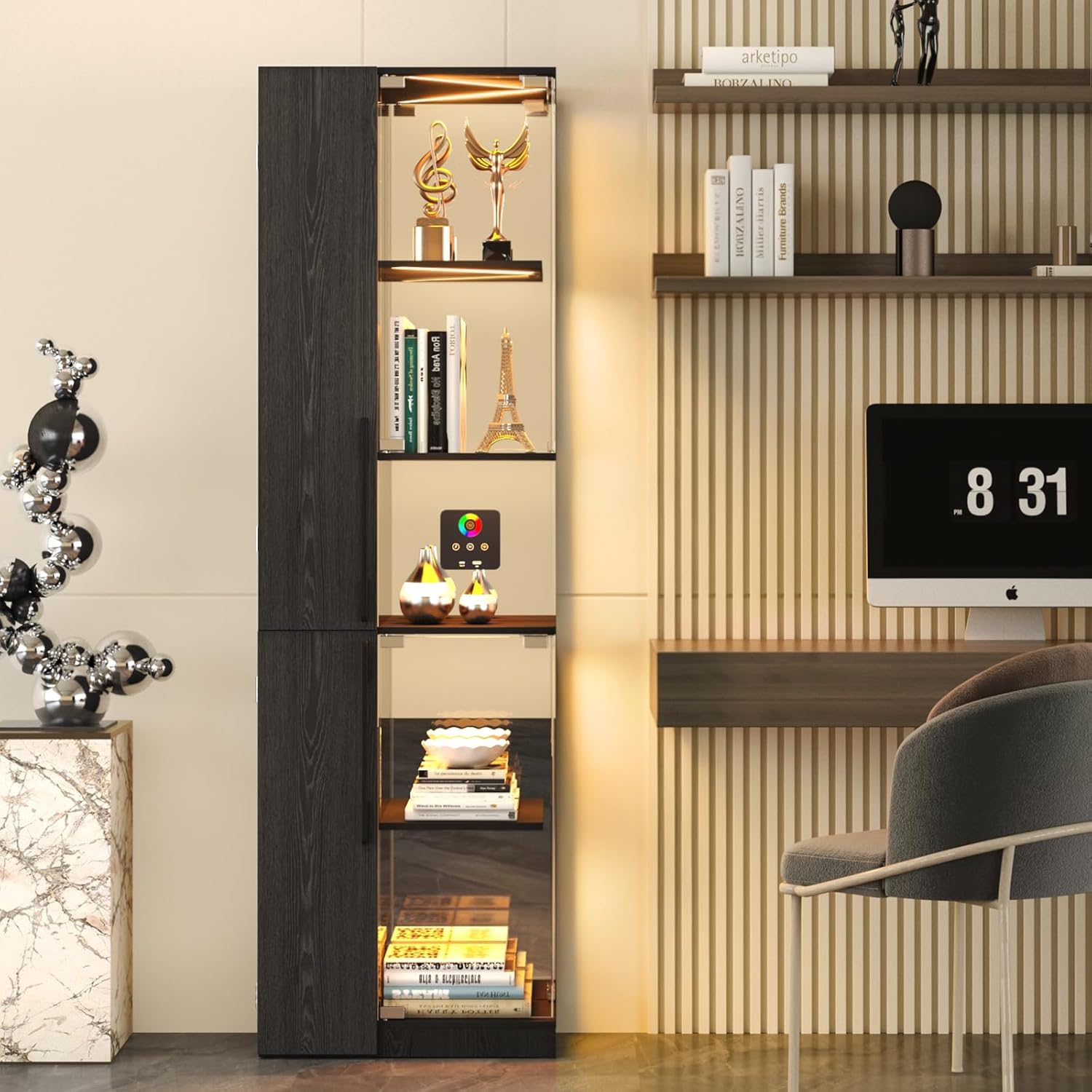 VersionTECH. Glass Display Cabinet with RGB Lights, 5-Tier Curio Cabinets with Glass Doors for Collectibles, Display Case with Adjustable Shelves, Human Sensor, Charging Station, Mirror Backing, Black