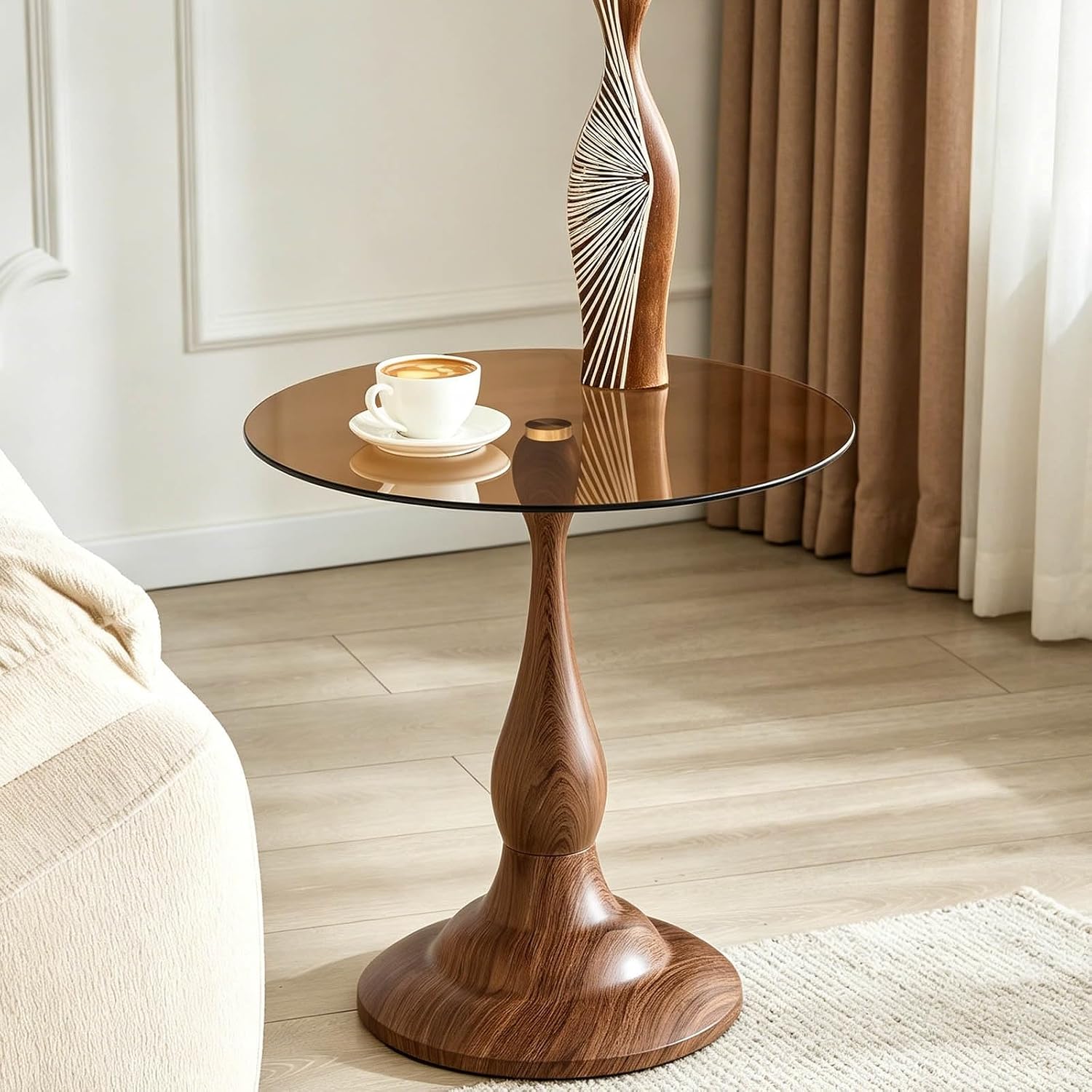 Round Side Table,Round Coffee Table, Small End Tables with Round Metal Frame,Tempered Glass Side Table,19.6 Inch Vintage Accent Table for Sofa, Bedside, Living Room, Bedroom, Patio(Brown)