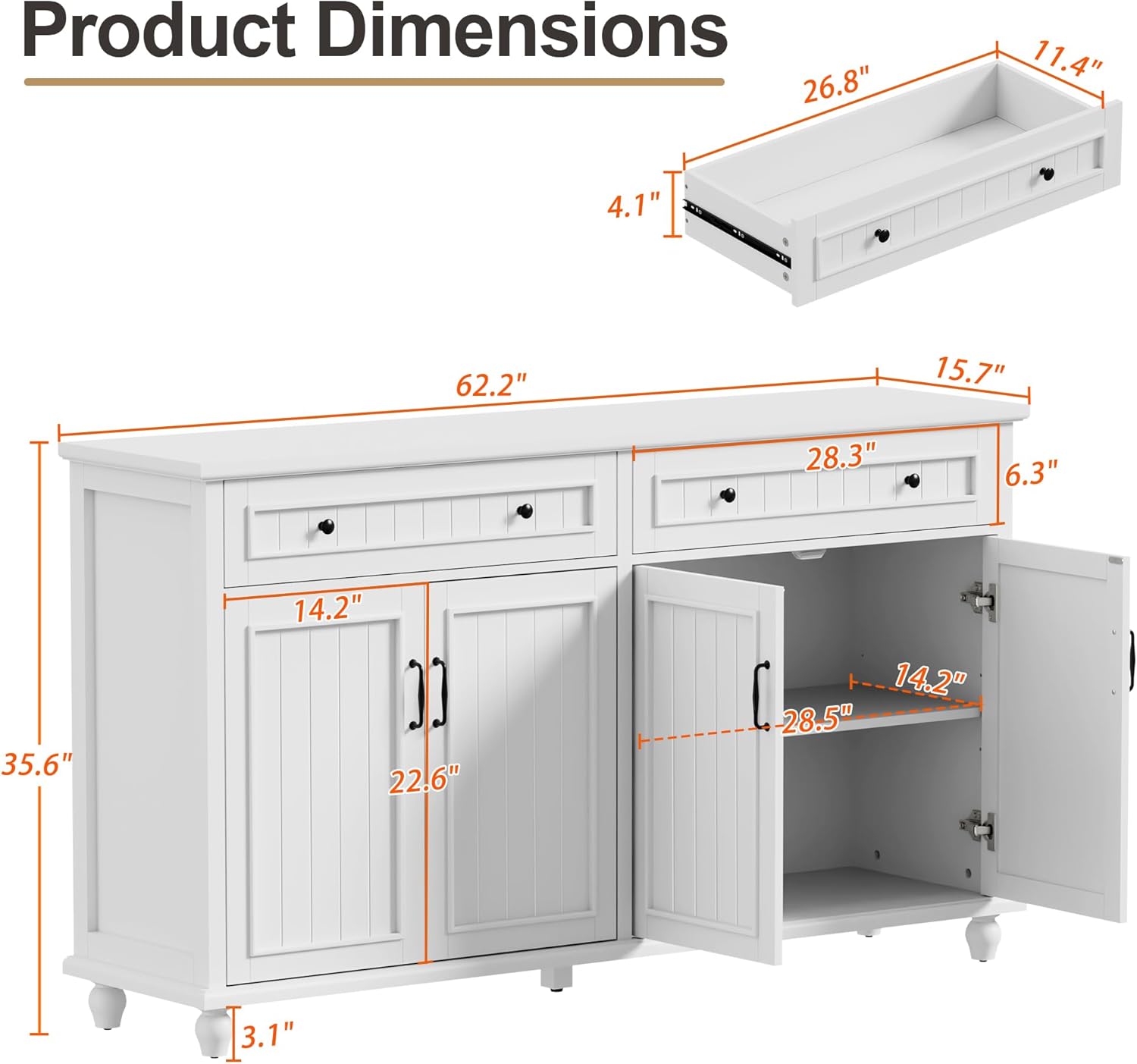 Scurrty Sideboard Buffet Cabinet, 62'' Large Storage Cabinet with Drawers and 4 Doors, Vintage Coffee Bar Cabinets with Adjustable Shelf for Kitchen, Living Room, White