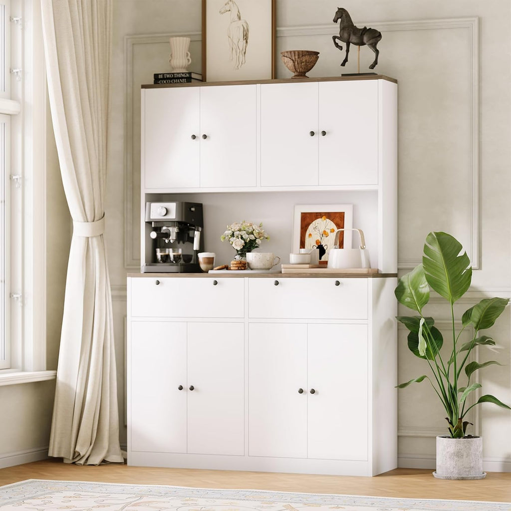 Hetoy 71" Tall Pantry Storage Cabinet with Charging Station and Microwave Countertop - Modern Wood Food Pantry Cabinet with Drawers for Kitchen and Dining Room