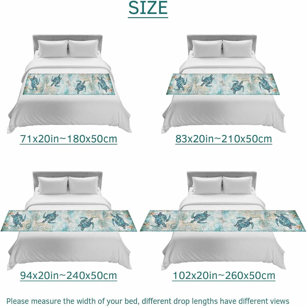 Bed Runner for King Size Bed, Coastal Sea Turtle Decorative Bed Runners Scarves for Bedroom, Teal Nautical Beach Starfish Vintage Washable Bedding Scarf Cover Bed Runner for Foot of Bed