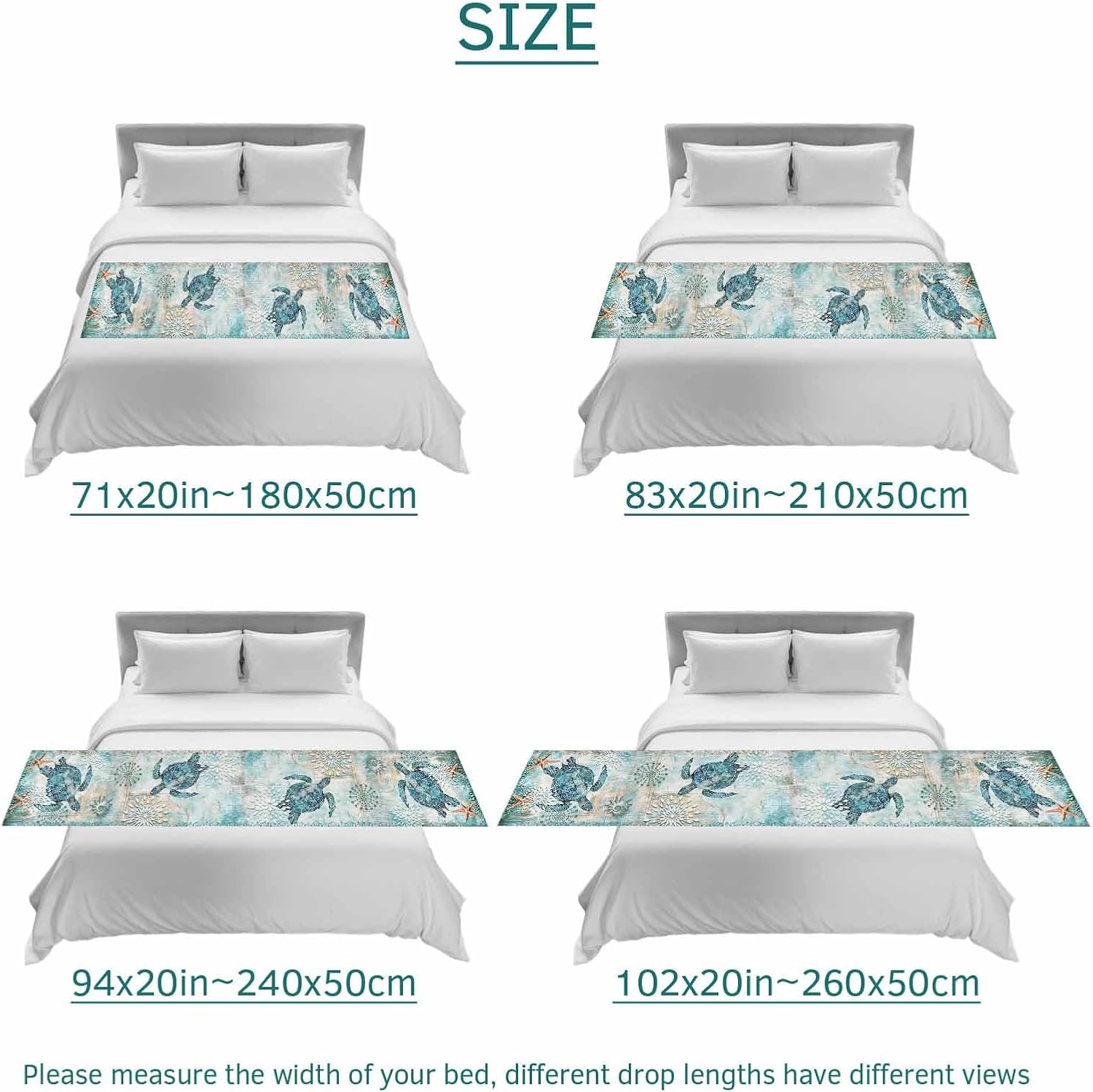 Bed Runner for King Size Bed, Coastal Sea Turtle Decorative Bed Runners Scarves for Bedroom, Teal Nautical Beach Starfish Vintage Washable Bedding Scarf Cover Bed Runner for Foot of Bed