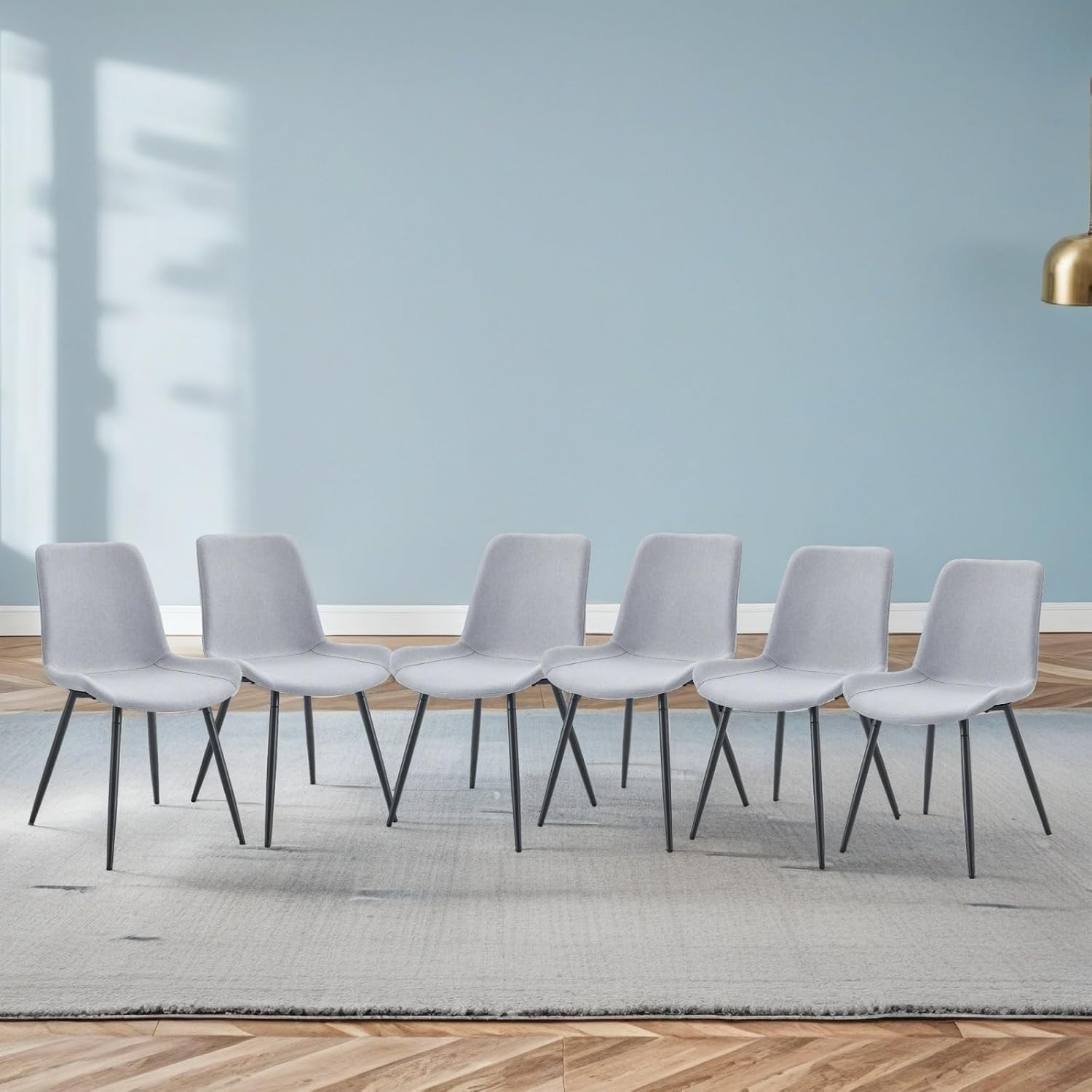 Modern Dining Chairs Set of 6, Linen-Cotton Upholstered Kitchen Chairs with Rounded Backrest, Ergonomic Integrated Seat with Adjustable Feet & Metal Legs for Dining Room, Office, Light Grey