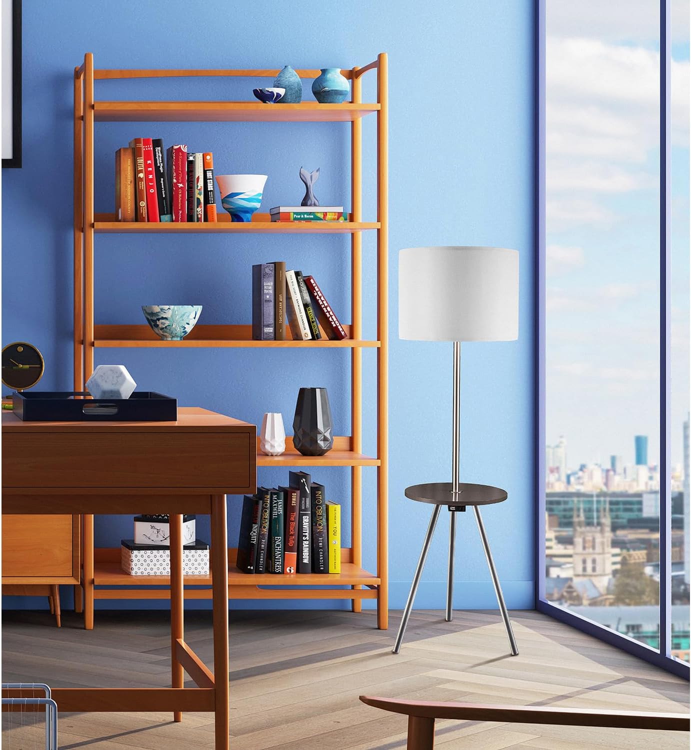 57" Round Sofa Side Table W/Lamp and Power Station 1.56/9.9 Metal Charging Living Room Decor
