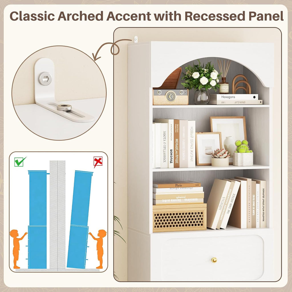 Cyclysio 80" Tall Pantry Cabinet with 3 Drawers, Arched Kitchen Storage Cabinets with 3-Tier Open Shelves and Glass Doors, Wood Floor Cupboard with Seamless Fit Wall for Living Room, Kitchen