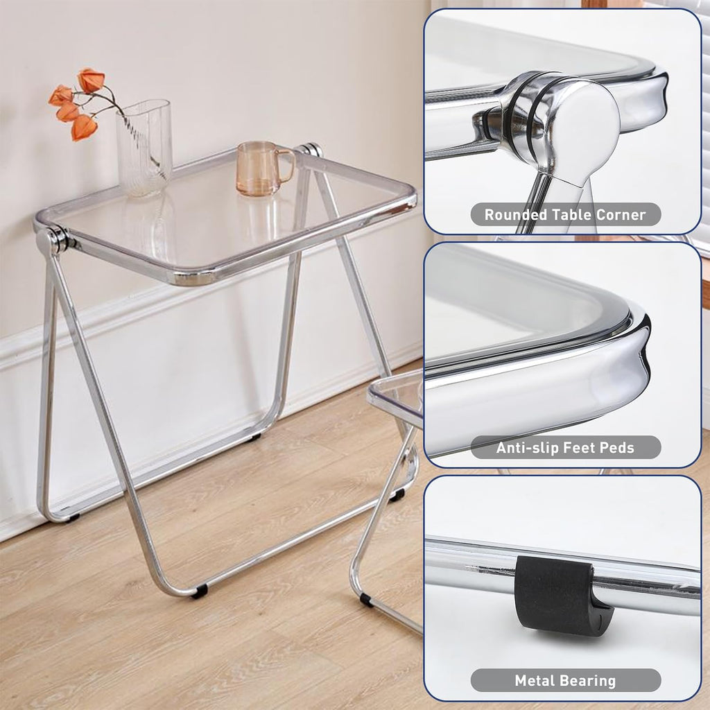 Black Acrylic Folding Tray Table, Sleek Small Foldable Writing Desk for Home Office, Space Saving Laptop Table for Small Spaces, Clear Side Table for Living Room, Portable TV Tray for Couch