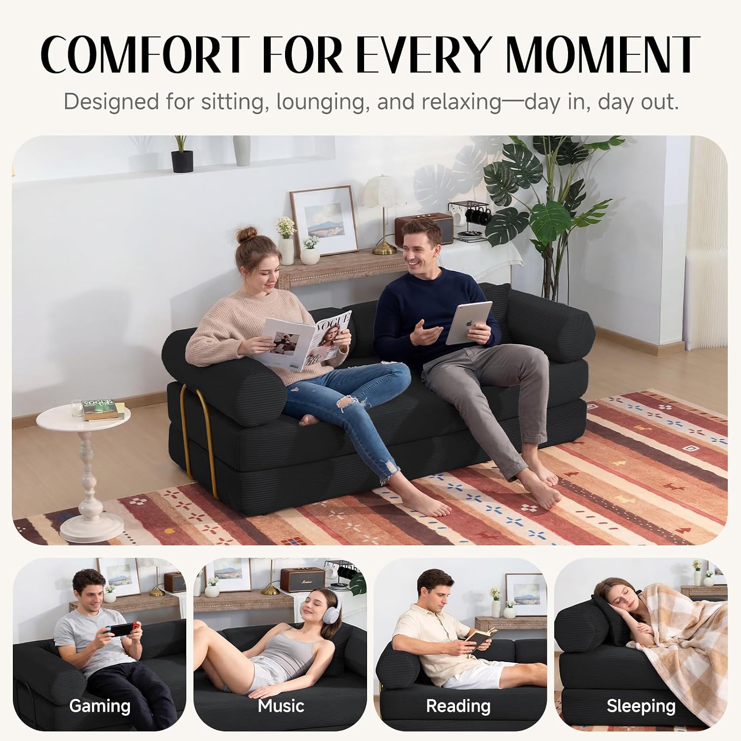 79" Corduroy Sofa Bed, Boneless Couch in a Box with 2 Pillows, High-Density Foam 4-in-1 Foldable Sleeper Futon Loveseat for Small Spaces, No Assembly, Side Pockets, Hex Arm Black