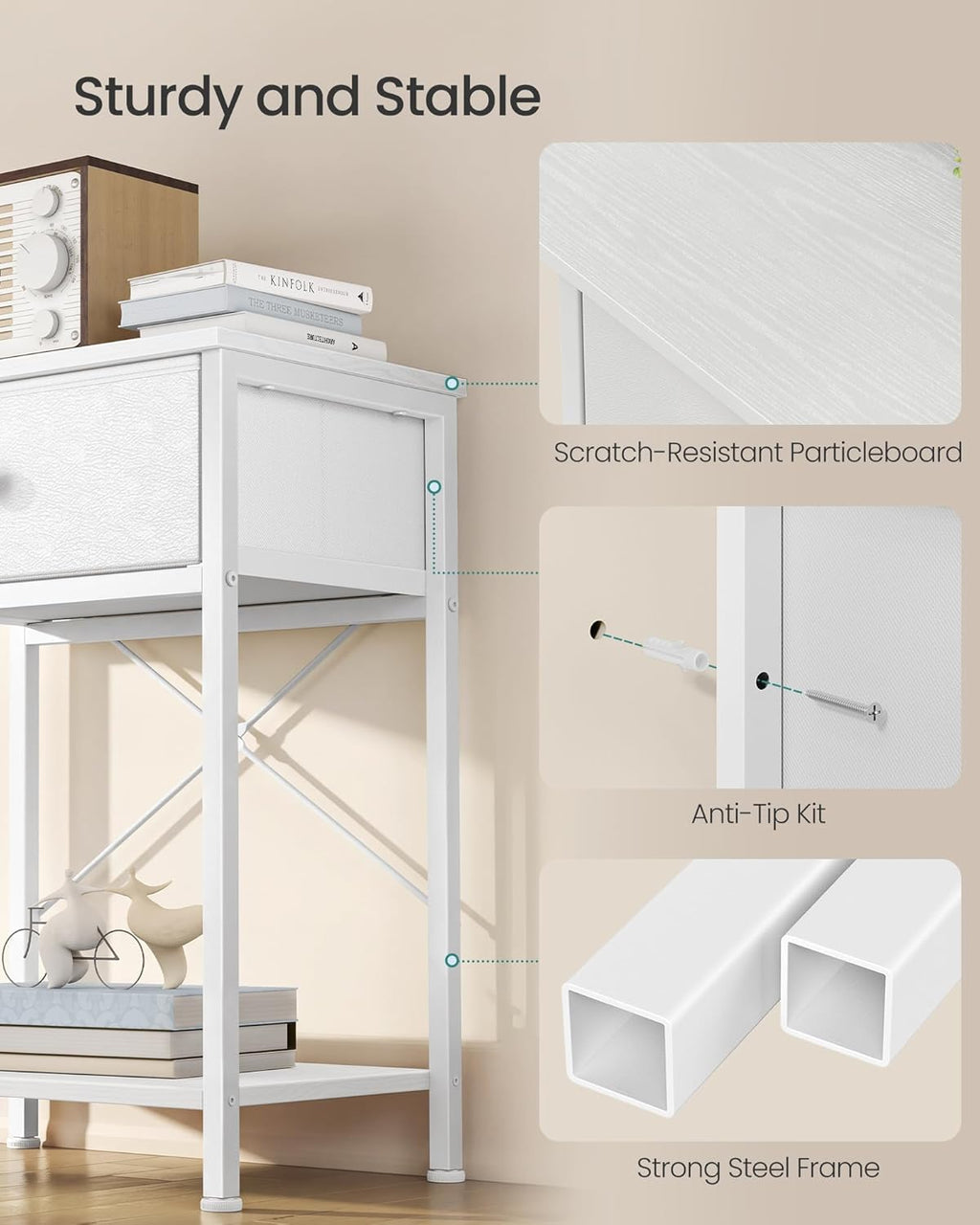 SONGMICS Bedside Table, Side End Table with Drawer, Nightstand with Lower Shelf for Bedroom, Living Room, 11.8 x 15.6 x 23.8 inches, Cloud White, BELLAH Collection ULGS101W101S