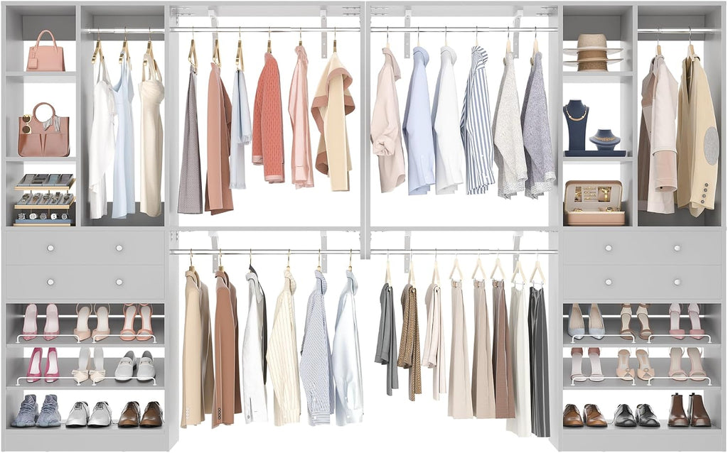 [10 FT Closet System] 120 Inch Reversible Set of 2 Wood Closet Organizer System with 4 Drawers, 6 Hanging Rods Adjustable Shelf, Shoe Rack, Morandi Grey