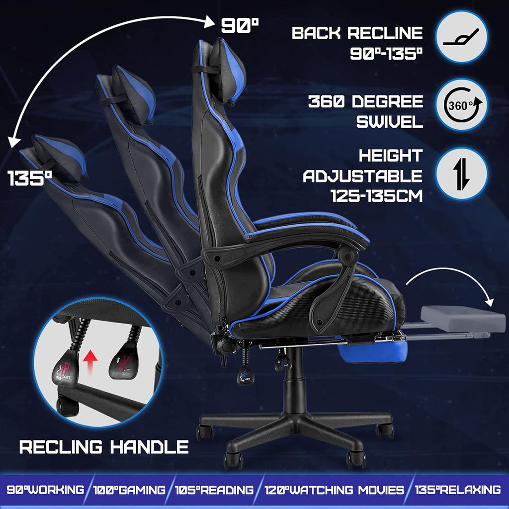 Huracan Gaming Chair with Footrest, Ergonomic Computer Chair Lumbar Support, Adjustable High Back Recliner for Adults, Racing Style Video Gaming Chairs, for Home Office Streaming, Blue
