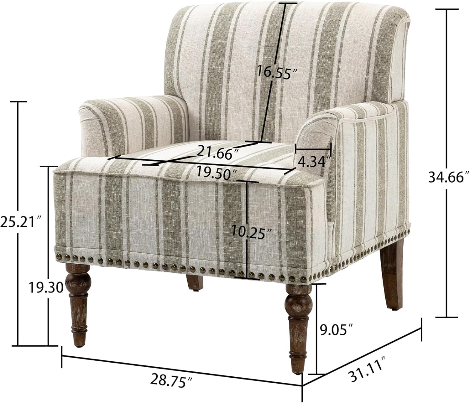 Stripe Accent Chair, Fabric Upholstered Armchair Modern Nailhead Trim Club Arm Chairs for Living Room with Wood Legs, Comfy Single Sofa Seat Bedroom Side Reading Seating - Brown