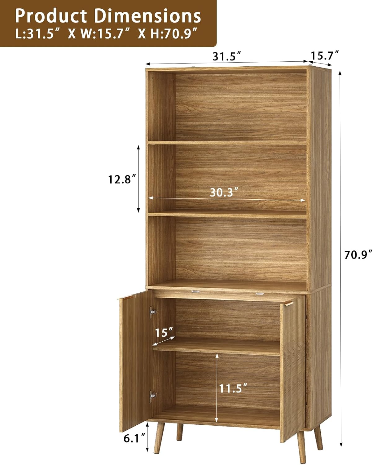 CARPETNAL Tall Storage Display Cabinet in Natural Oak- 70 Inch Bookshelf with Open and Closed Shelving - Modern Accent Cabinet for Living Room, Dining Room