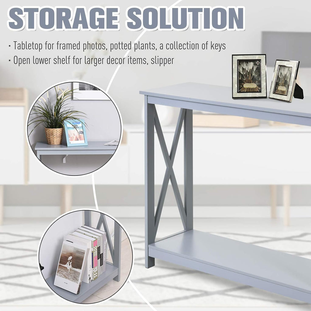 2 Tier Console Table, Sofa Side Table with Storage Shelf, X for Entryway, Living Room, and Hallway, Grey