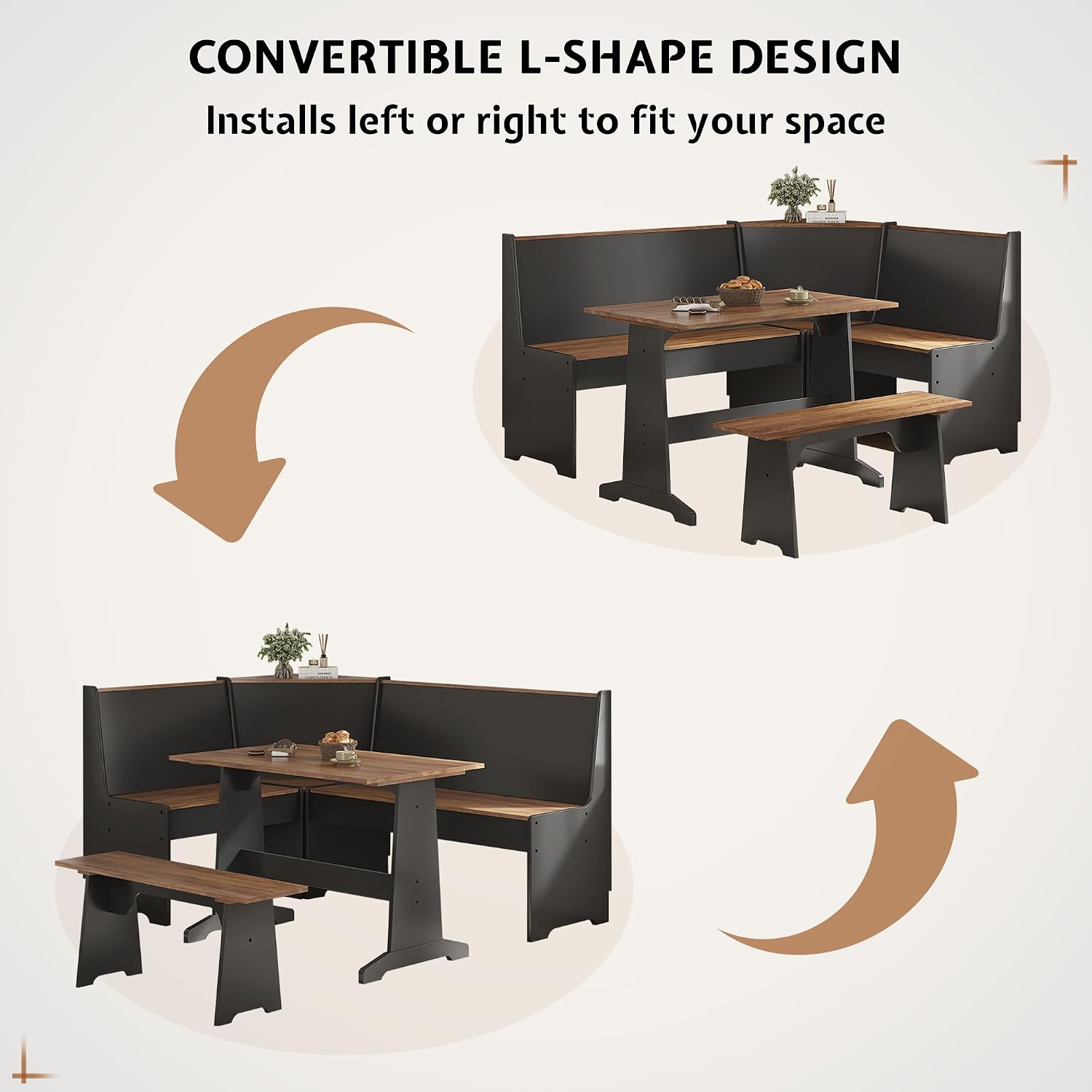 LUXOAK 3-Piece Corner Dining Set with Hidden Storage, Black Oak | Breakfast Nook, L-Shaped Corner Bench, Hidden Storage, Space Saving Design for Small Space, Kitchen Dining Room Furniture