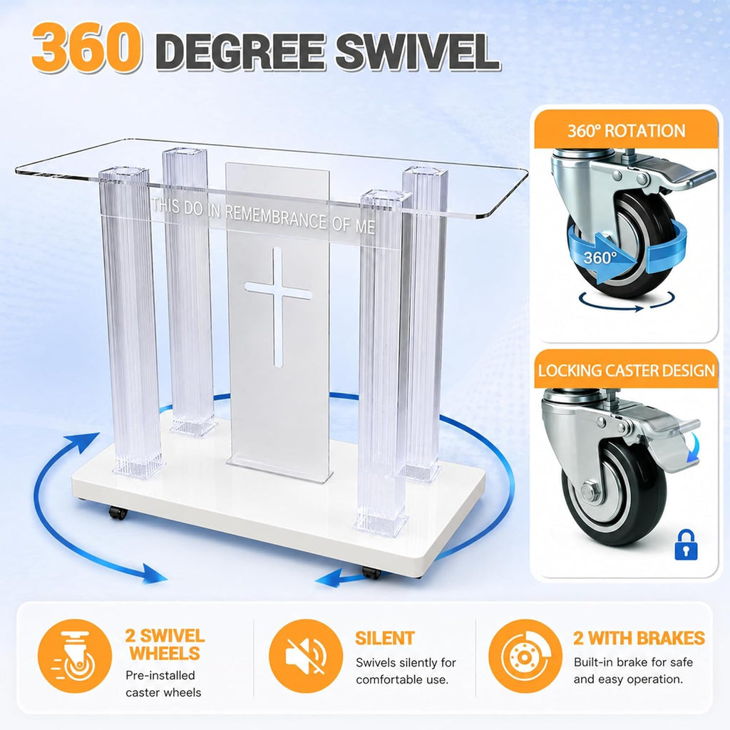 Clear Acrylic Holy Communion Table, Church Altar Table with LED Color Changing Lights & Remote Control, Mobile Worship Table with 4 Swivel Casters , Engraved Cross & Scripture for Church & Home Use
