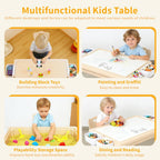 4 in 1 Kids Table and 2 Chairs Set, Large Storage Toddler Table and Chair Set with 4 Side Box, Graffiti/Building Blocks Double-Sided Tabletop, Multi-Functional Children Activity Table