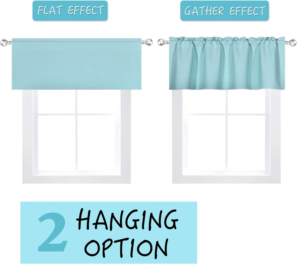 DECOVSUN Aqua Blue Valance for Windows 42x18 Inch Solid Thermal Insulated Blackout Rod Pocket Kitchen Short Curtain Toppers Valance for Bathroom Living Room 2 Panels