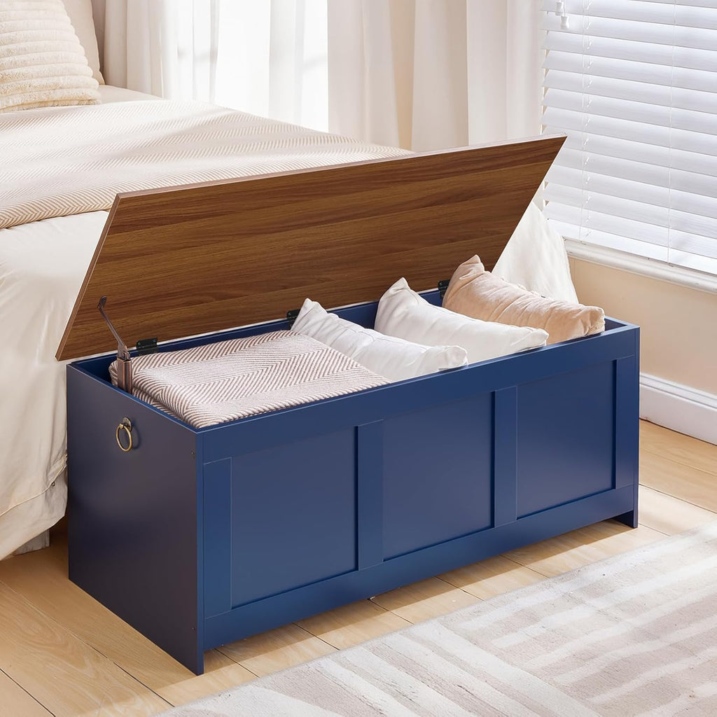 HOOBRO Storage Bench, 39.3" Retro Wooden Storage Chest, Wooden Storage Trunk, Toy Chest with Lift Top, Multifunctional Entryway Organizer, for Entryway, Living Room, Blue and Walnut UH141CW01G1