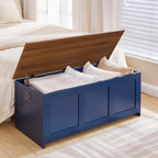 HOOBRO Storage Bench, 39.3" Retro Wooden Storage Chest, Wooden Storage Trunk, Toy Chest with Lift Top, Multifunctional Entryway Organizer, for Entryway, Living Room, Blue and Walnut UH141CW01G1