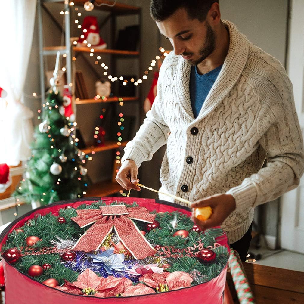 Propik Christmas Wreath Storage Bag 36" - Garland Holiday Container with Clear Window - Tear Resistant Fabric - 36" X 36" X 8" (Red)