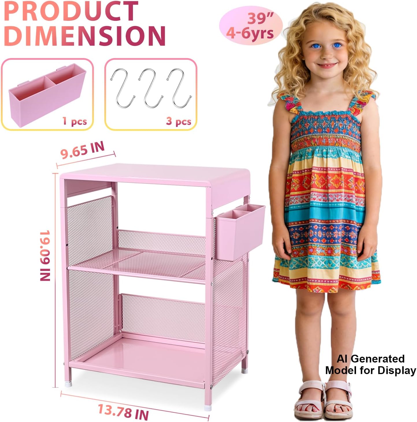 Pink Small Nightstand, Kids Nightstand for Bedroom, End Table with Hooks and Holder, Toddler Bedside Table for Girls, Desk Organizer for Office, Dorm (Pink)