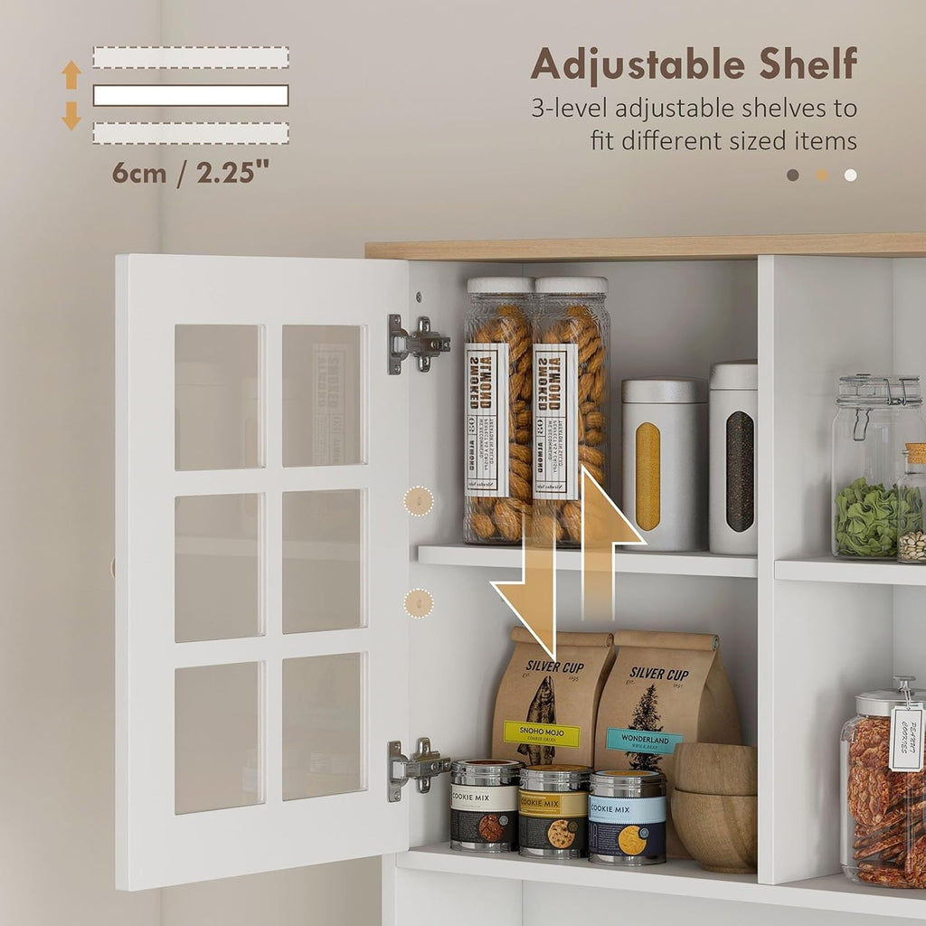 Pantry Cabinet, 72" Freestanding Storage Cabinet with Hutch, Large Countertop, Glass Doors and Adjustable Shelves, Microwave Cabinet, Coffee Bar Cabinet for Dining Room
