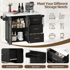4 EVER WINNER 43" Modern Kitchen Island on Wheels with Drop Leaf & Storage, Faux Marble Tabletop, 3 Drawers with Spice Rack & Towel Rack, Rolling Kitchen Cart for Small Space, Black