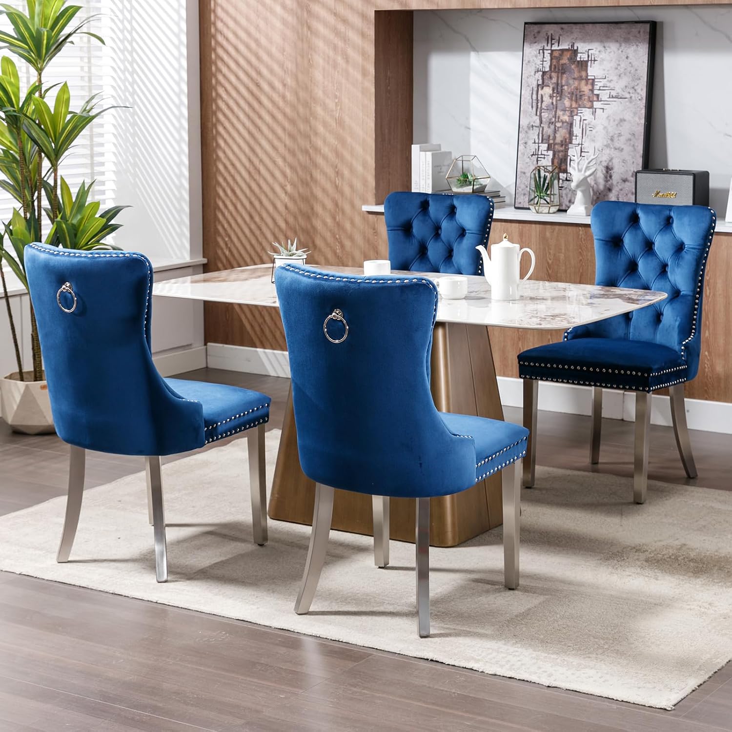 Mid Century Modern Dining Chairs Set of 4, Blue Velvet Upholstered Tufted Back, Kitchen & Dining Room Chairs, Brushed Silver Metal Legs, Nailhead Trim, Sillas para Comedor (Blue, 4 Pcs)