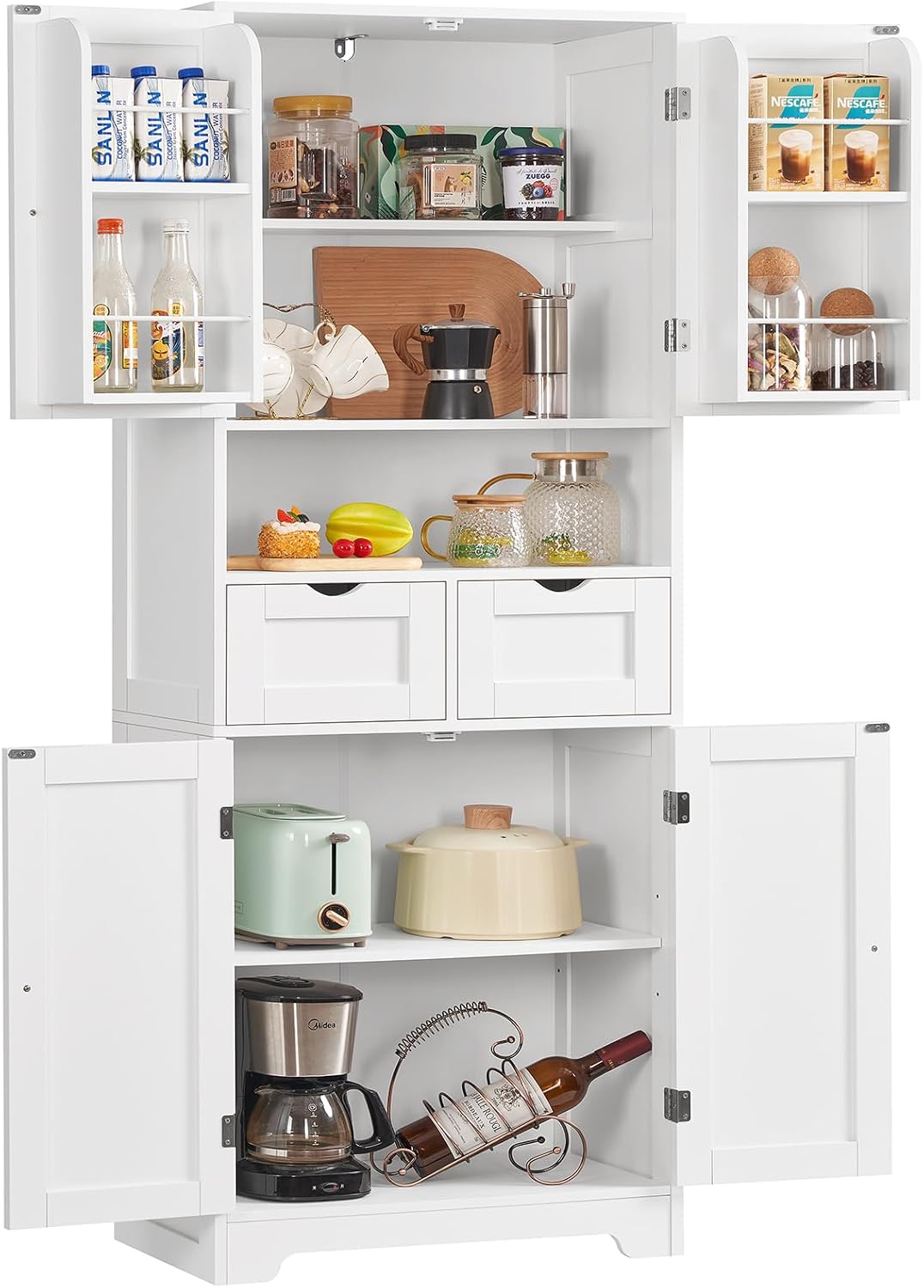 TEENFON Kitchen Pantry Cabinet with Adjustable Shelf, Tall Storage Cabinet with 2 Drawers & 4 Door Shelves, Food Pantry Cabinets, for Kitchen, Dining Room, Living Room, White