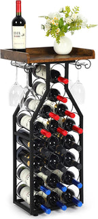 Wine Rack Floating Shelvesr Versatile Liquor Stand for Home Bar Mini Bar Table Wine Holder Stand Liquor Cabinet with Glass Holder Wood Tabletop 19 Bottles Floor Dining Room, Living Room
