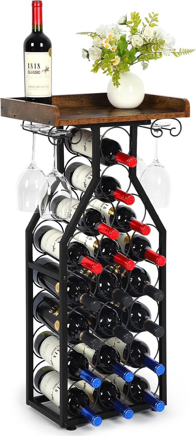 Wine Rack Floating Shelvesr Versatile Liquor Stand for Home Bar Mini Bar Table Wine Holder Stand Liquor Cabinet with Glass Holder Wood Tabletop 19 Bottles Floor Dining Room, Living Room